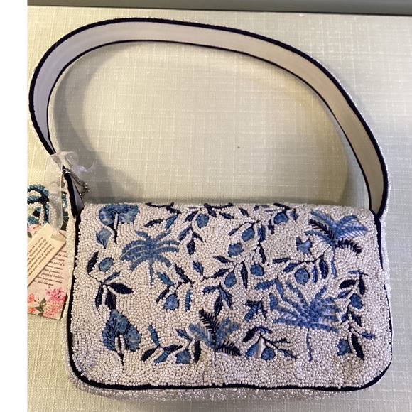 Tik Tok Viral Beaded Bag Purse TJ Maxx - Blue White Palm Trees + Charm NWT - Picture 3 of 7